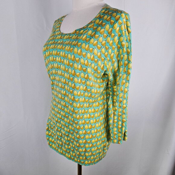 Talbots Sweater LP Faux Button-Back Pear Print Green Yellow Cottagecore - Picture 5 of 10